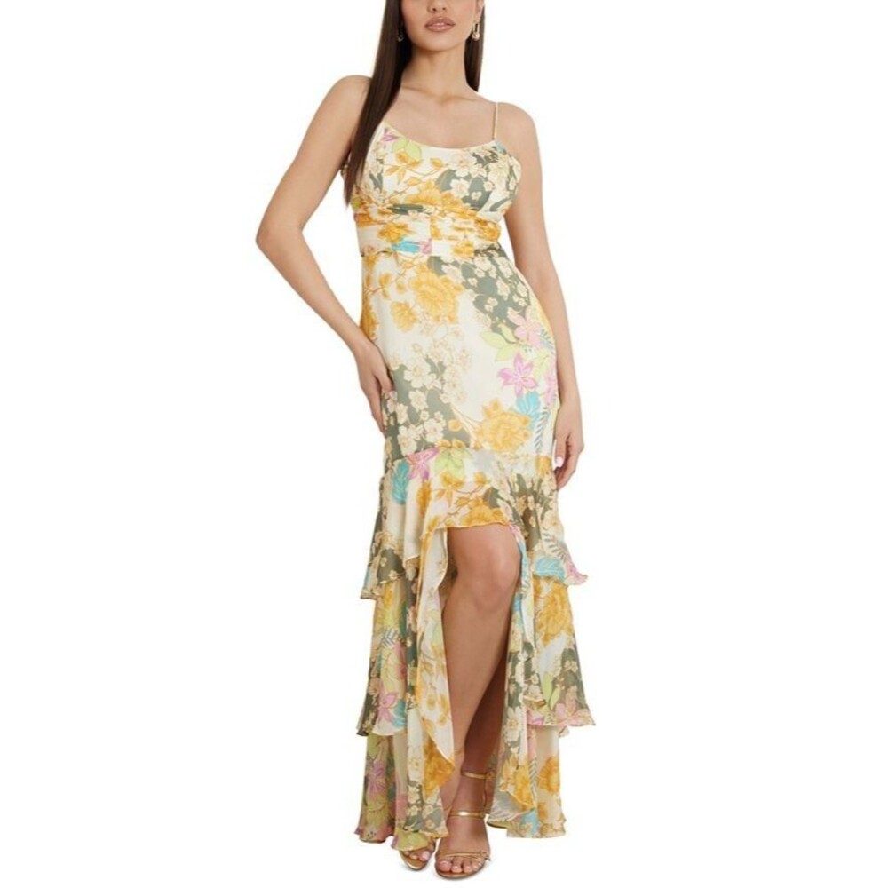 GUESS Women's Sleeveless High-Low Vicky Maxi Dress Floral Print Butter Yellow S